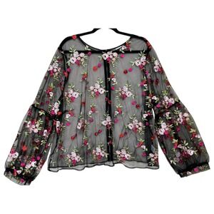 Blouse Shirt Womens 3X Black Sheer Floral Embroidered Whimsigoth Fairy Colorful